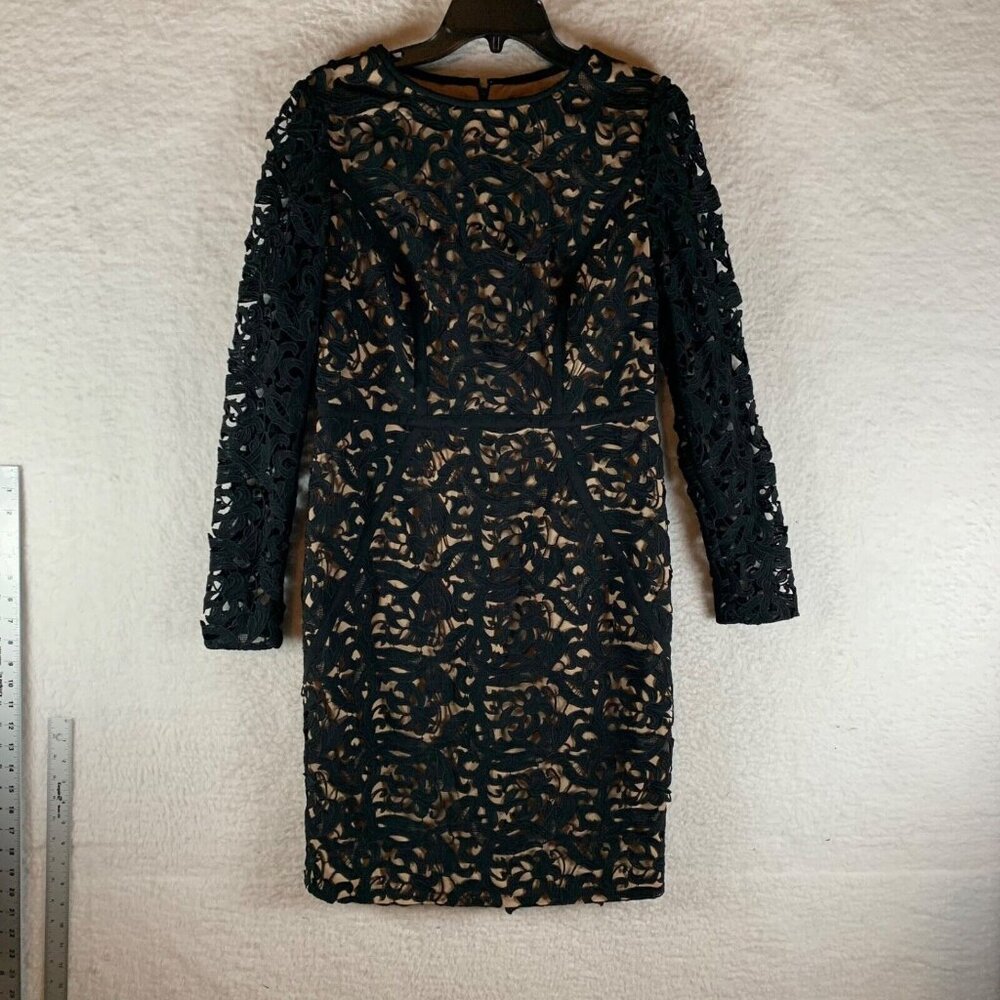 Coast Women's Black Nude Long Sleeve Back Zip Polyester Lace Shift Dress Size 10